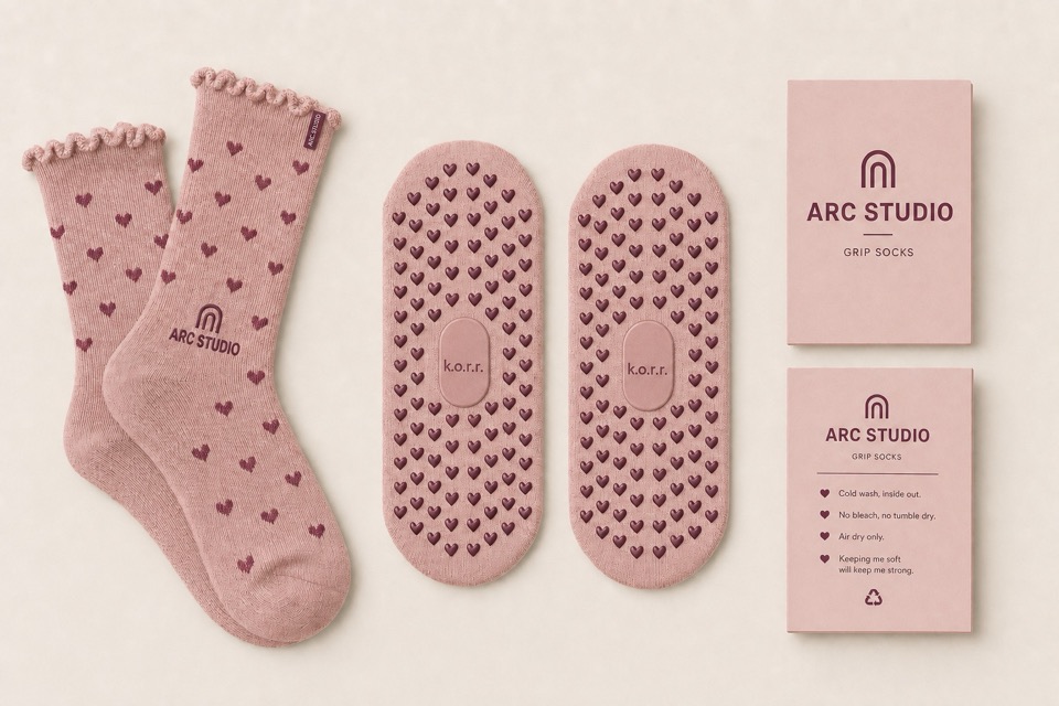 ARC STUDIO dusty rose custom grip socks with jacquard hearts, embroidered logo, heart grip soles and packaging